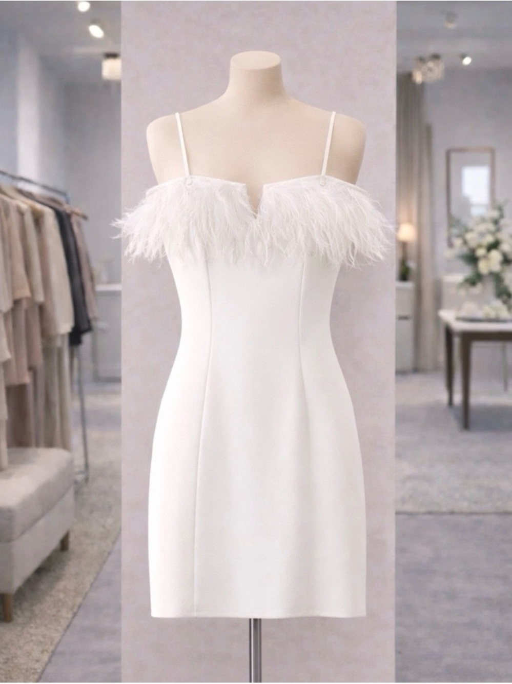 Aidan Mattox Ivory Feather Trim Mini Dress Bridal Shower Party 6 NWT